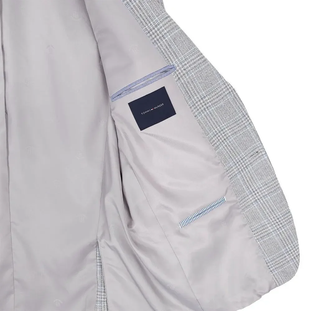 Tommy Hilfiger Mens Modern Fit Sport Coat 46L Light Grey Blue Plaid Stretch NWT